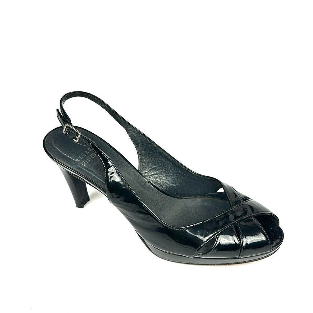 Stuart Weitzman Patent Leather Black Platform Pumps Slingback Peep Toe US 8,5